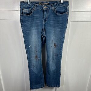 New Directions Weekend Womens 12 Bootcut Jeans Blue Distressed Stained Patchwork